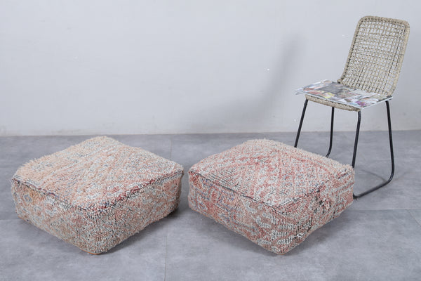 Two Moroccan vintage ottoman poufs | Handwoven geometric tribal accents