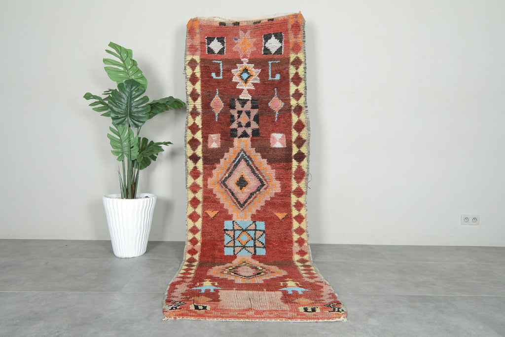 Vintage Moroccan runner rug with geometric symbols - 2.9 ft x 8.7 ft