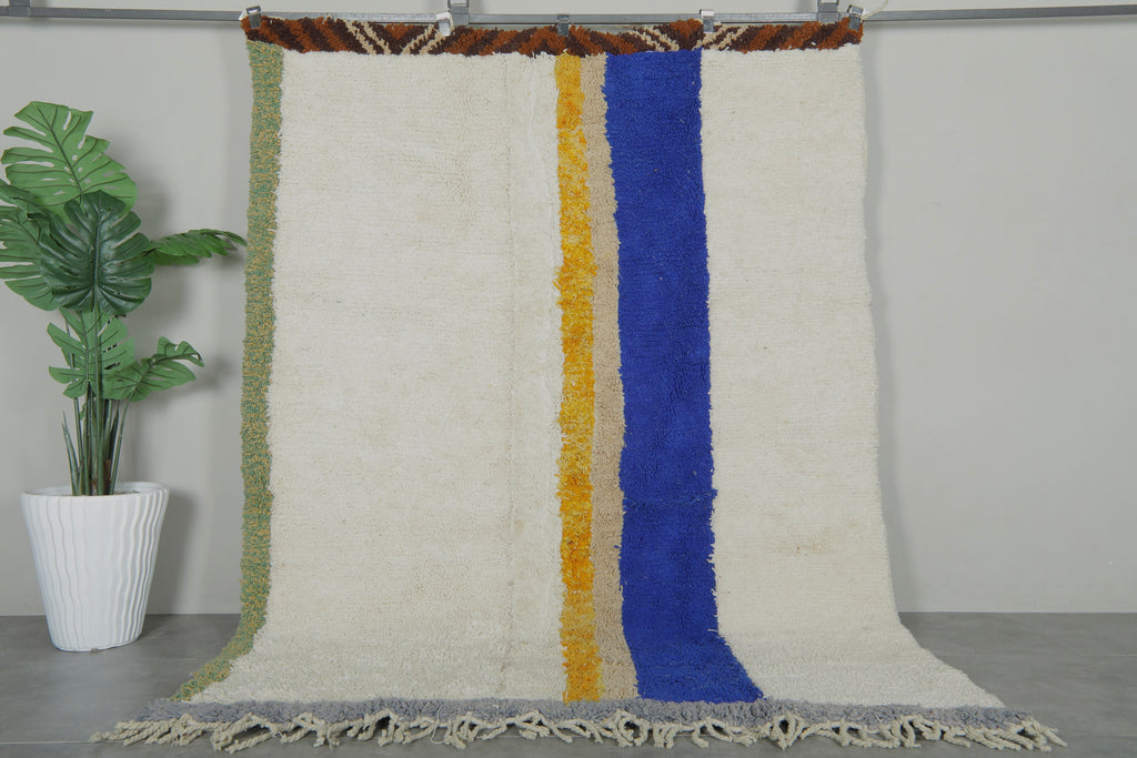 Minimalist Moroccan rug - White with blue & yellow stripes - 6.3 ft x 8.2 ft