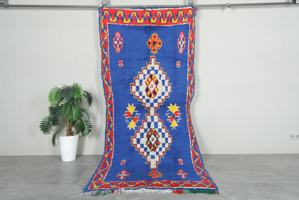 Blue vintage Moroccan runner rug with vibrant geometric patterns - 3.9 ft x 8.8 ft