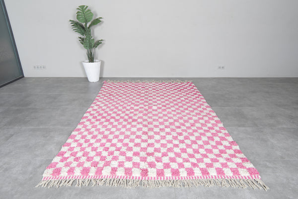 Handmade Moroccan Rug | 6.1 FT X 8.9 FT with Pink and White Checkered Pattern