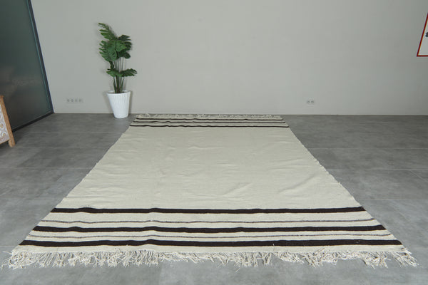 Moroccan kilim flatweave rug - Ivory with black stripes - 8 ft x 10.7 ft