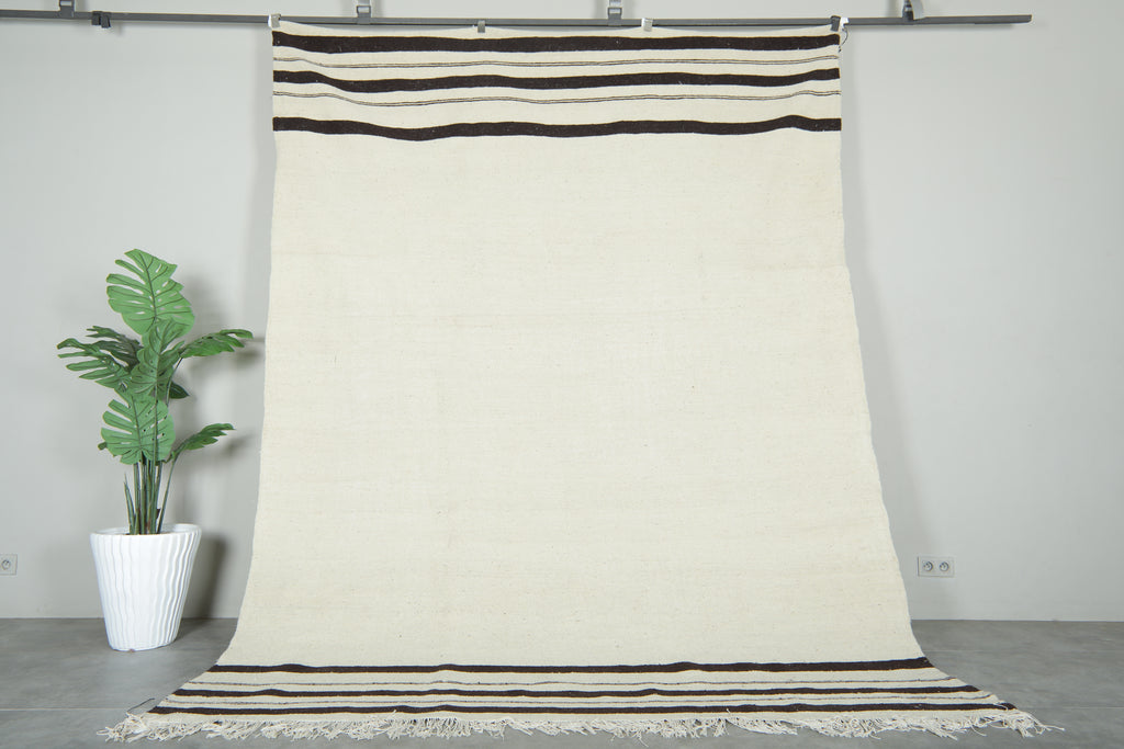 Moroccan kilim flatweave rug - Ivory with black stripes - 8 ft x 10.7 ft