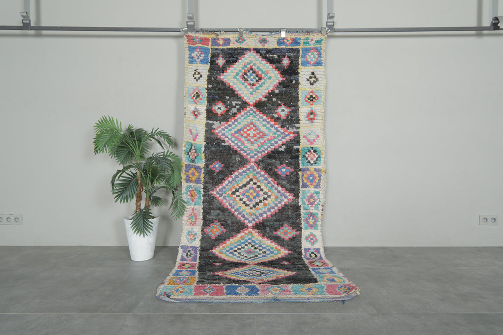 Tribal diamond Moroccan boucherouite rug – 3.8 x 7.9 Feet bohemian handmade carpet
