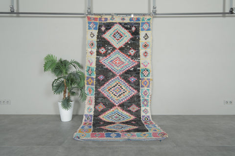 Tribal Diamond Moroccan Boucherouite Rug – 3.8 x 7.9 Feet Bohemian Handmade Carpet