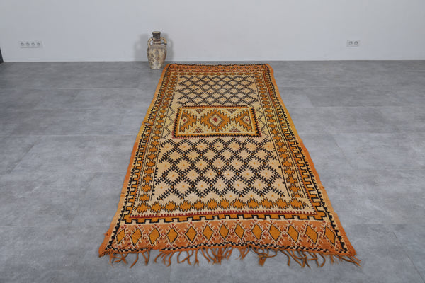 Vintage handmade runner rug – 4.3 x 11.3 FT, warm yellow and black accents