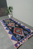 Geometric Moroccan Boucherouite Rug – 3.7 x 8.9 Feet Colorful Tribal Art