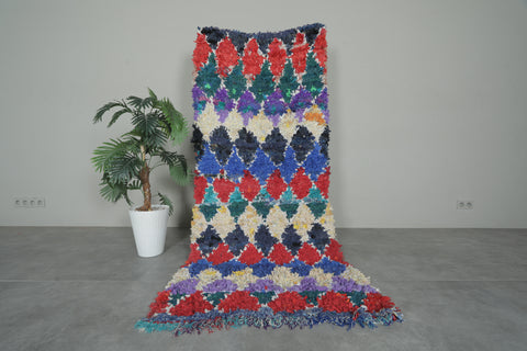 Colorful Moroccan Boucherouite Rug – 3.3 x 7.3 Ft Handwoven Diamond Pattern Carpet