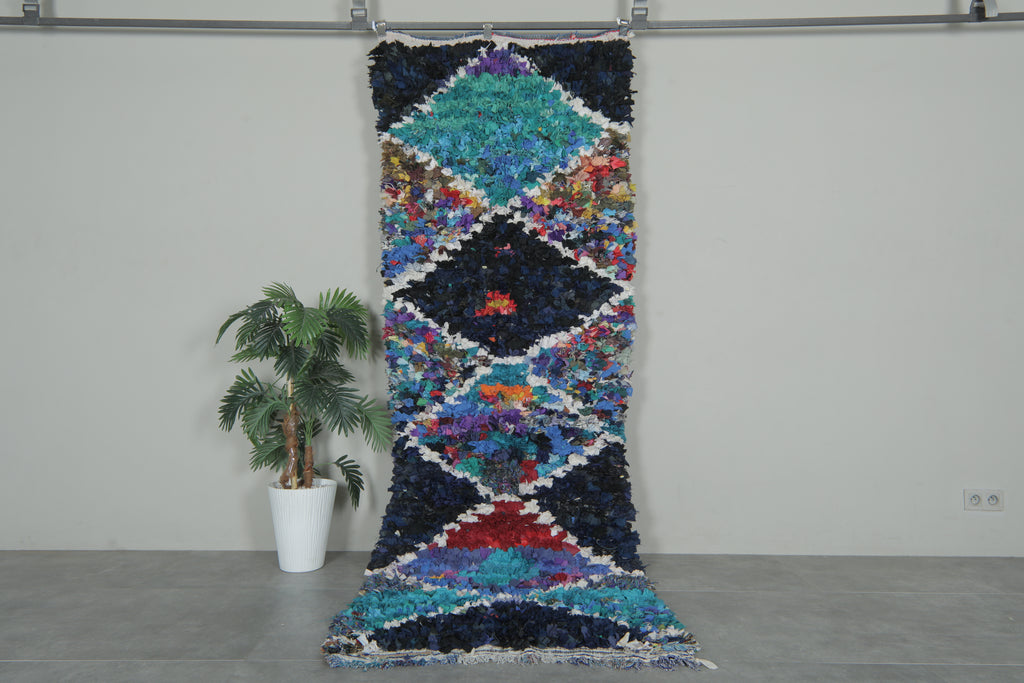 Long Moroccan boucherouite runner – 3.1 x 9.1 Feet diamond pattern rug