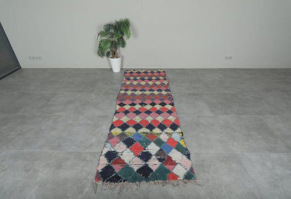 Diamond pattern Moroccan boucherouite runner – 2.8 x 8.2 Feet colorful handwoven rug