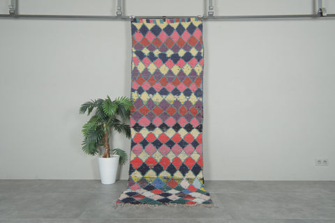 Diamond Pattern Moroccan Boucherouite Runner – 2.8 x 8.2 Feet Colorful Handwoven Rug