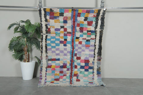 Colorful Vintage Moroccan Boucherouite Rug – 3.4 x 5 Feet Abstract Panel Design
