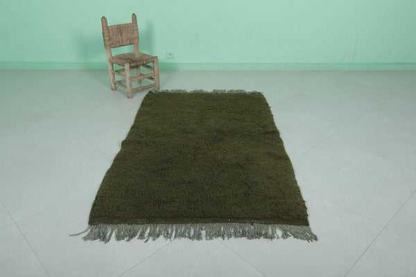 Handmade Moroccan green rug – 3.3 x 5.4 FT, deep olive wool accent