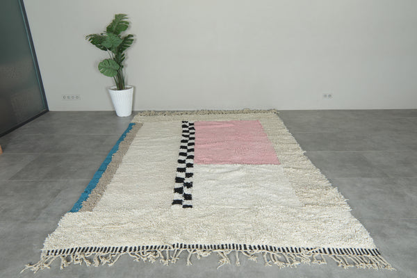 Color block wool rug – Pink, teal & checkered handmade - 7 ft x 9.6 ft