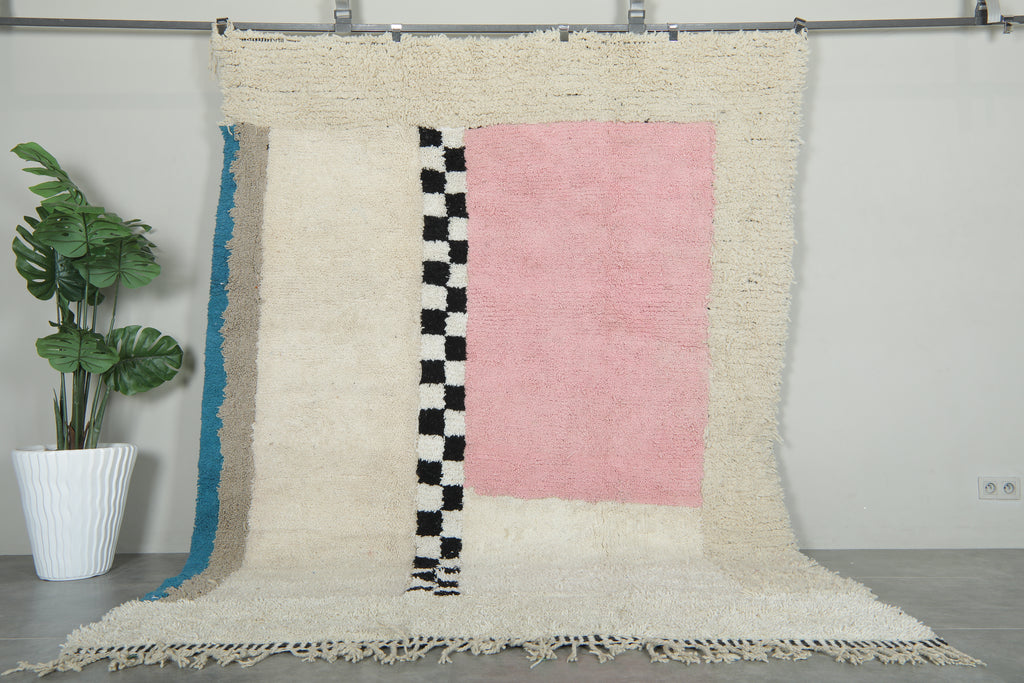 Color block wool rug – Pink, teal & checkered handmade - 7 ft x 9.6 ft