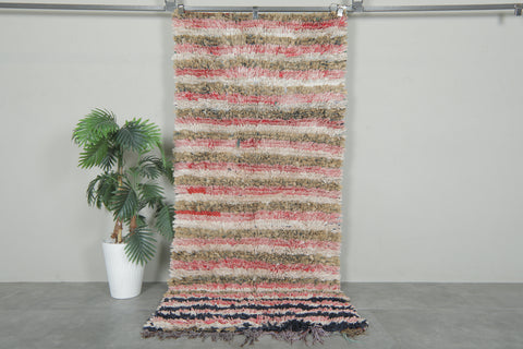 Soft Rose & Beige Striped Moroccan Boucherouite Rug – 3.2 ft x 7.3 ft