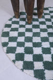 Round Green and White Checkered Moroccan Wool Rug - 5 ft