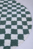 Round Green and White Checkered Moroccan Wool Rug - 5 ft