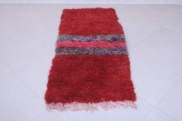 Handmade Moroccan berber rug 2.5 X 5.4 Feet - Bold red with textured stripes