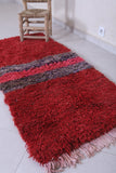 Handmade Moroccan Berber Rug 2.5 X 5.4 Feet - Bold Red with Textured Stripes