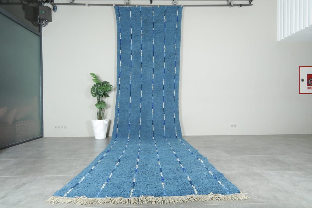 Blue Moroccan runner rug with blue and white striped - 4.9 ft x 18.2 ft