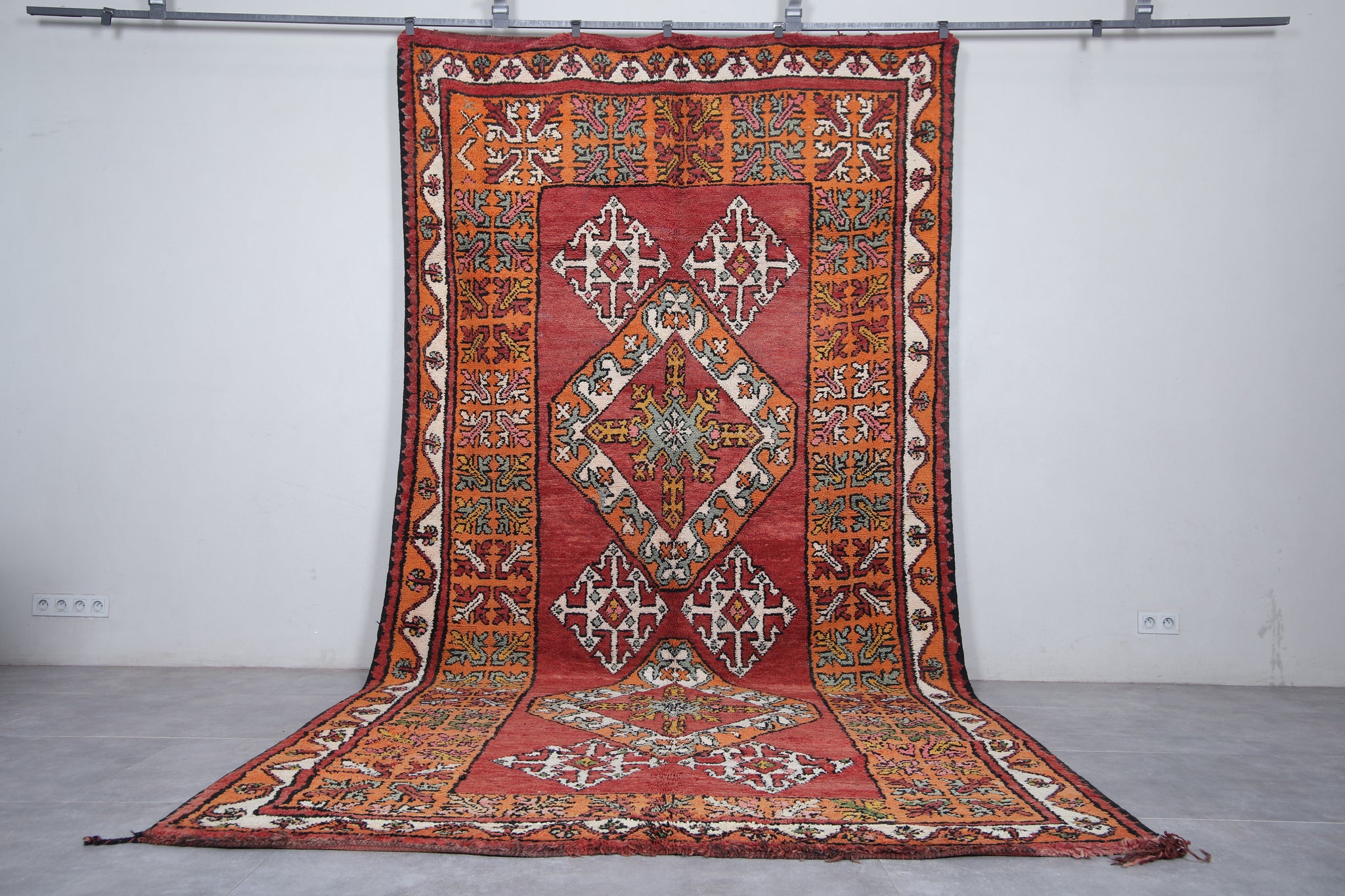 Large Moroccan Tribal Rug – 7 x 13.6 FT, Bold Red & Orange Handmade ...