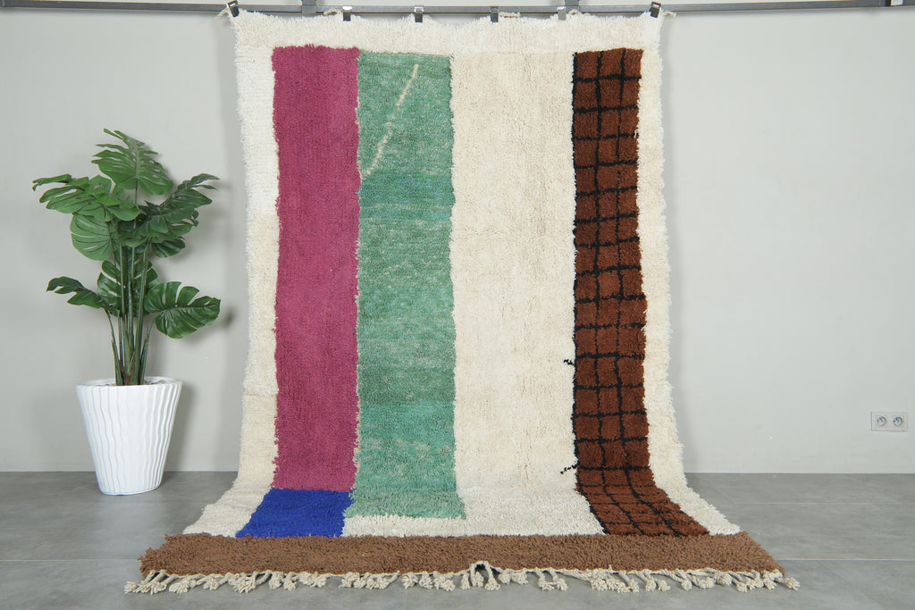 Colorful Moroccan wool rug with white base and striped design - 5.9 ft x 9.5 ft