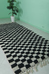 Black and White Checkered Moroccan Rug 4.3 x 9.5 ft - Handmade Berber Design