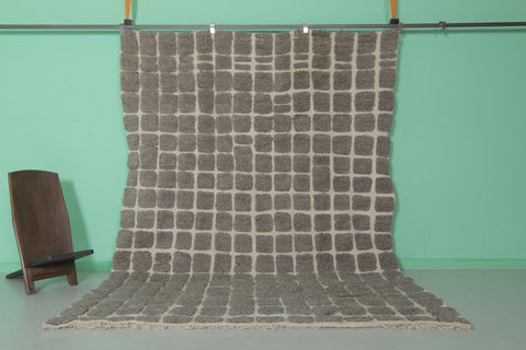 7.1 x 9.9 ft Moroccan wool rug - Handwoven gray checkered design