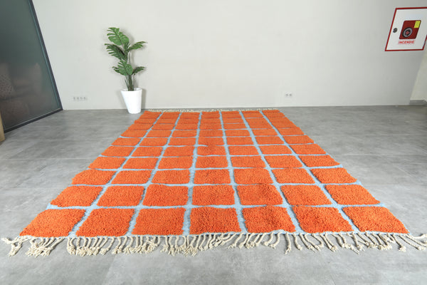 Handwoven Moroccan rug - Wool grid rug in blue & orange - Wool rug
