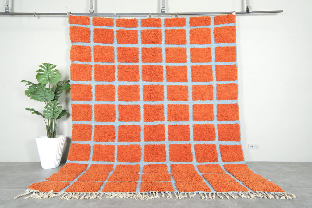 Handwoven Moroccan rug - Wool grid rug in blue & orange - Wool rug