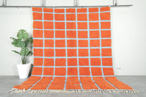 Handwoven Moroccan Rug - Wool Grid Rug in Blue & Orange - Wool Rug