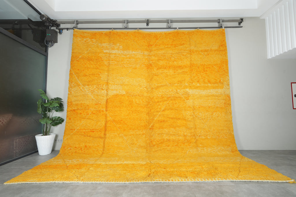 Handmade yellow Moroccan rug - Minimalist carpet - 13 ft x 13.6 ft