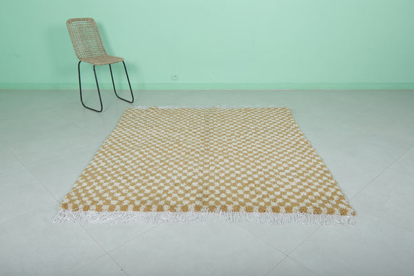 Handmade Moroccan checkered rug – 5.4 x 5.6 ft, mustard & white