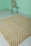 Handmade Moroccan Checkered Rug – 5.4 x 5.6 ft, Mustard & White