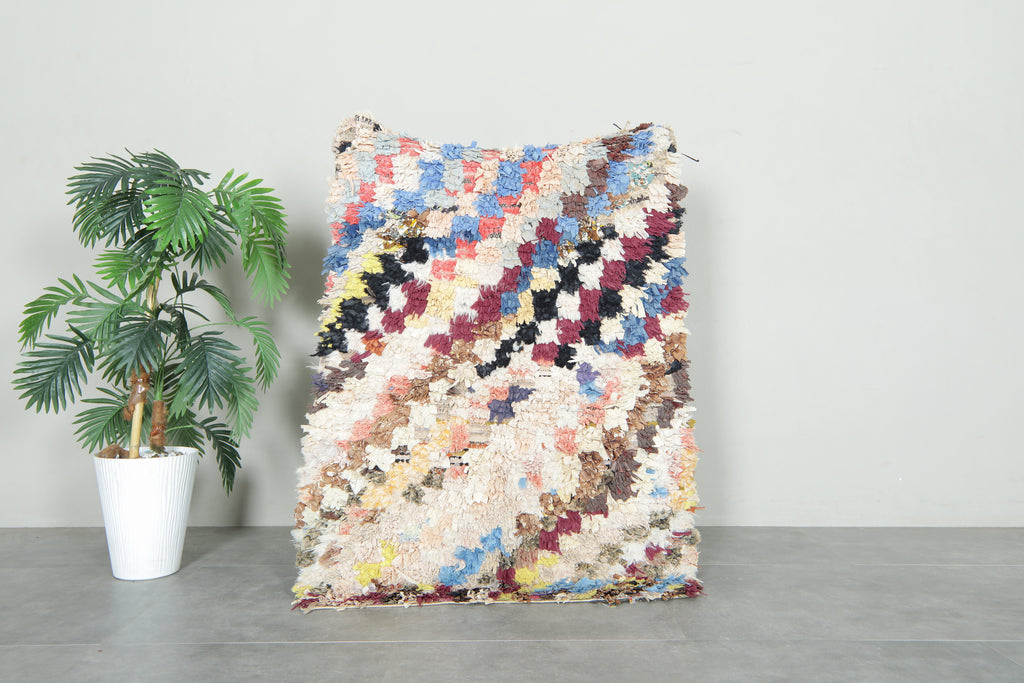 Small Moroccan boucherouite rug - 3 ft x 4.1 ft - Multicolor & checkered wool rug