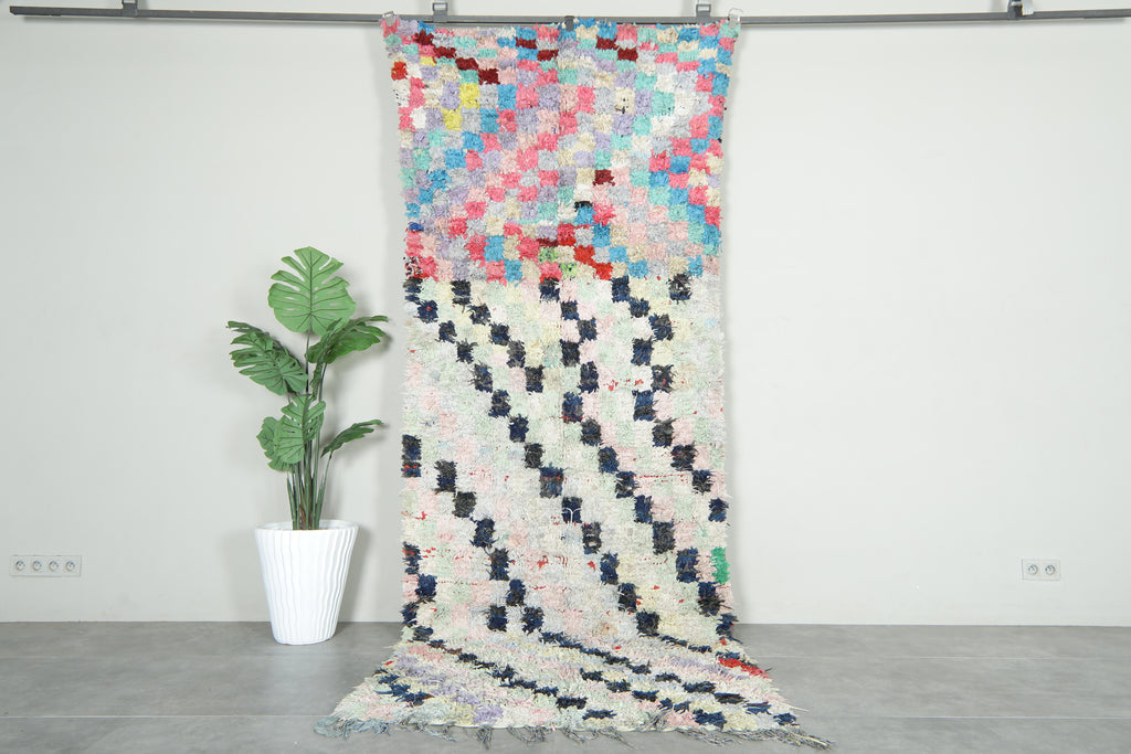 Runner Moroccan boucherouite rug - 4.2 ft x 11 ft - Multicolor & checkered design