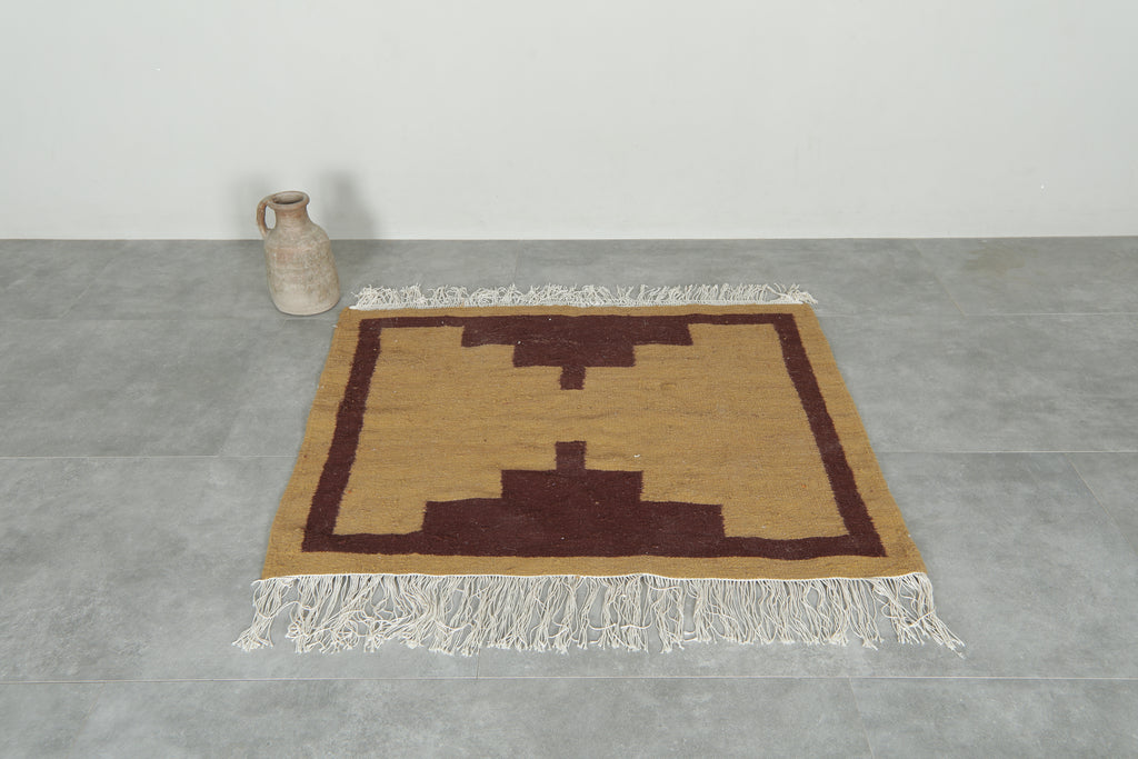 Small beige & brown wool rug – Minimal geometric design - 4 ft x 3.3 ft