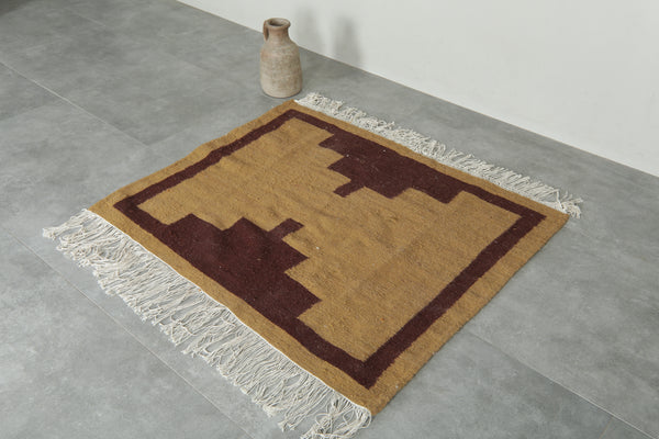 Small beige & brown wool rug – Minimal geometric design - 4 ft x 3.3 ft