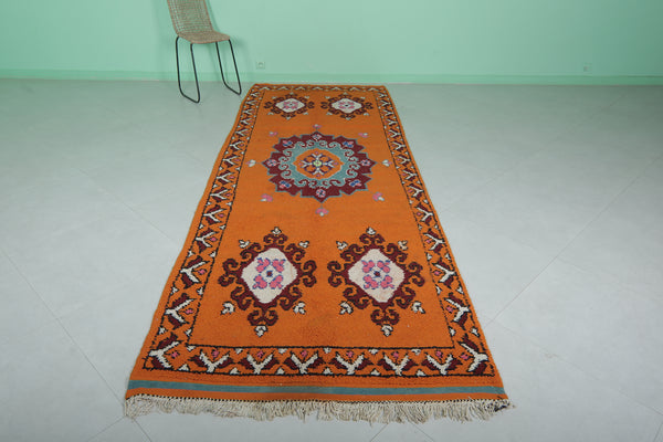 Handmade Moroccan berber rug 4.1 X 11.4 feet - Vibrant orange medallion design