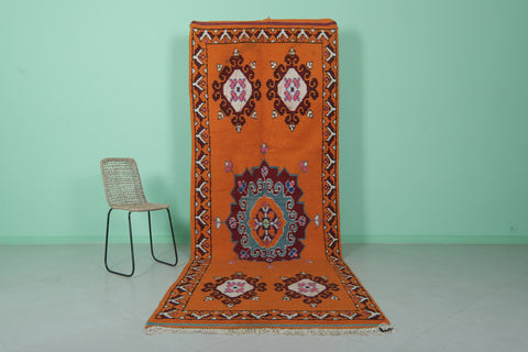 Handmade Moroccan Berber Rug - 4.1 x 11.4 Feet, Vibrant Orange with Traditional Medallion Motifs