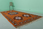 Handmade Moroccan Berber Rug 4.1 X 11.4 Feet - Vibrant Orange Medallion Design