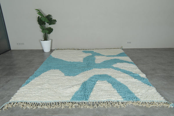 White and blue Moroccan rug – Abstract wool design - 8.3 ft x 9.9 ft