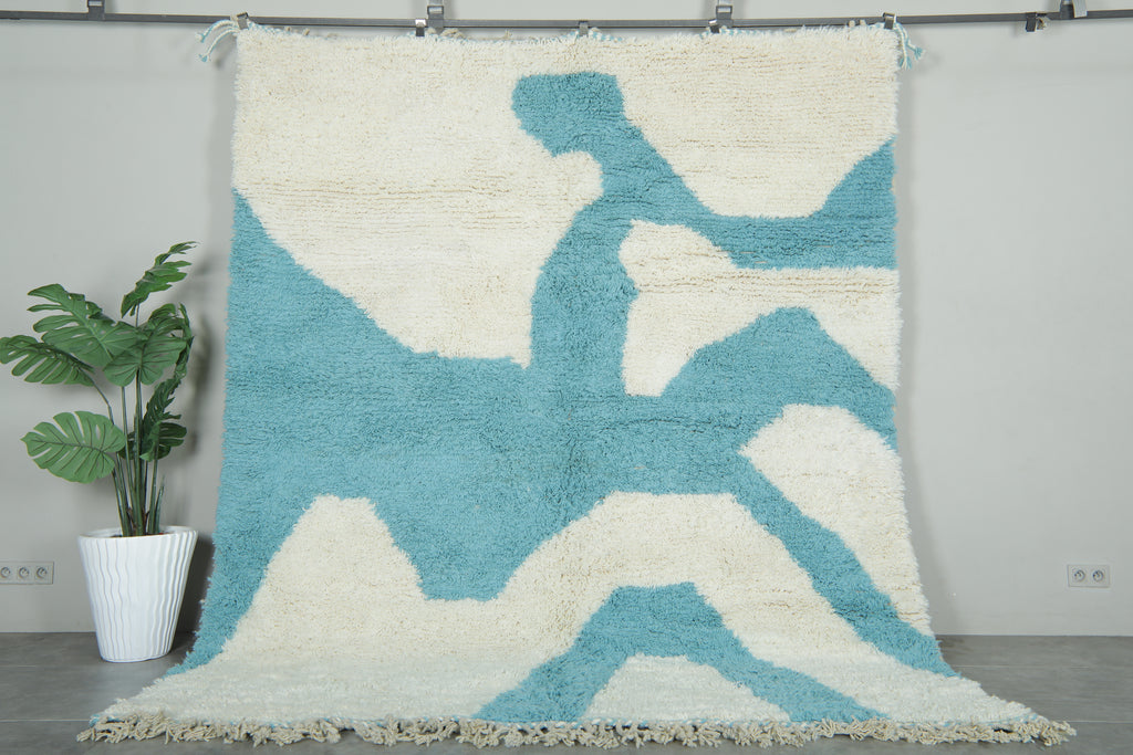 White and blue Moroccan rug – Abstract wool design - 8.3 ft x 9.9 ft