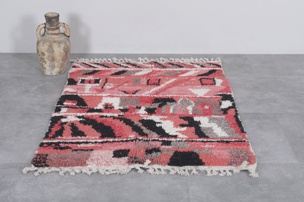 Moroccan beni ourain rug 3.8 x 5.1 ft - Handmade wool carpet with tribal patterns