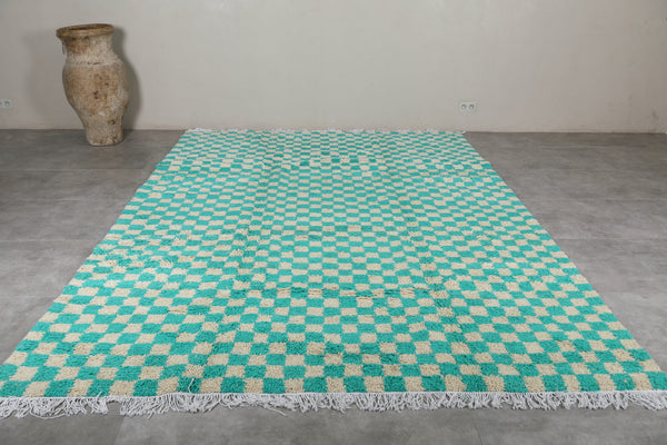 Checkered Moroccan rug 8.3 x 11.5 ft - Green & beige handwoven rug