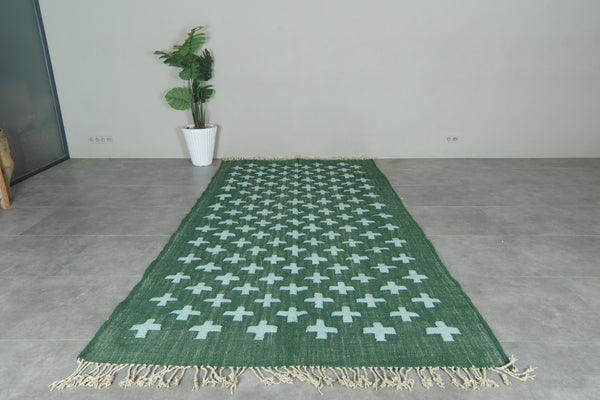 Handwoven Moroccan Flatweave Rug - Deep Green with Soft Mint Cross Pattern - Custom rug