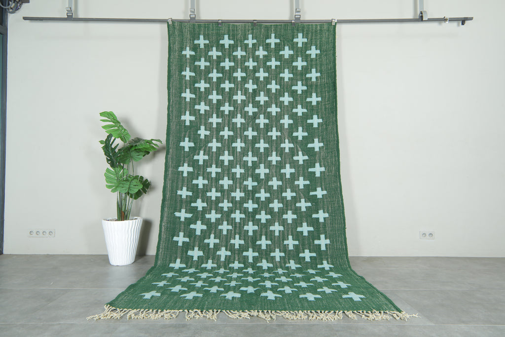 Handwoven Moroccan Flatweave Rug - Deep Green with Soft Mint Cross Pattern - Custom rug