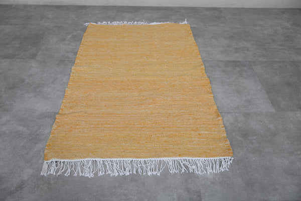 Moroccan rug – Bright yellow handwoven with fringe | 3.4 FT x 5.1 FT
