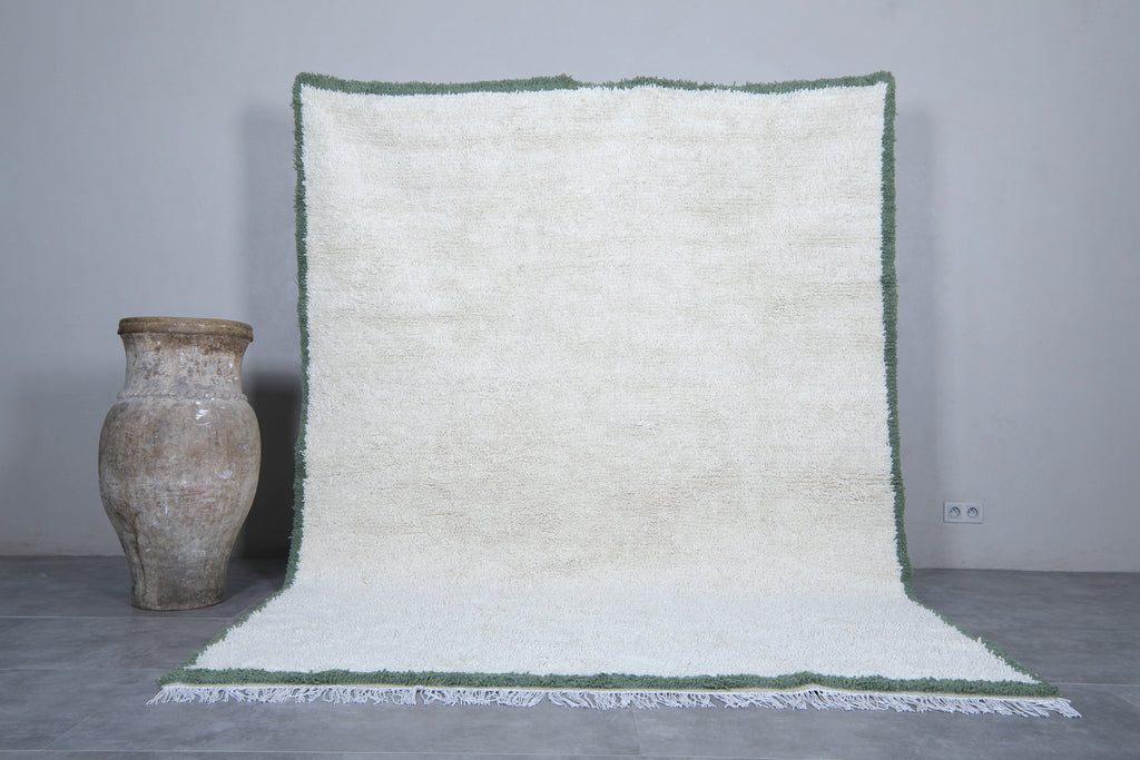 Handwoven Wool Rug in White with Green Frame Border